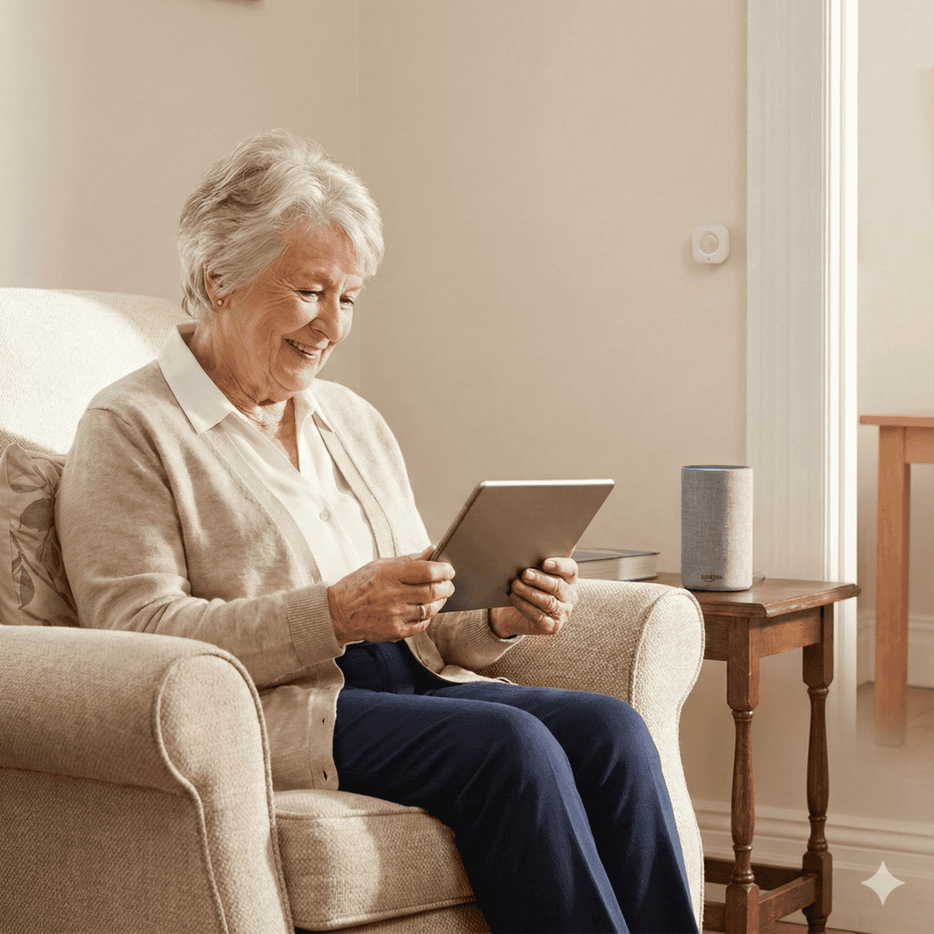 Senior woman using smart home tablet for aging in place safety monitoring